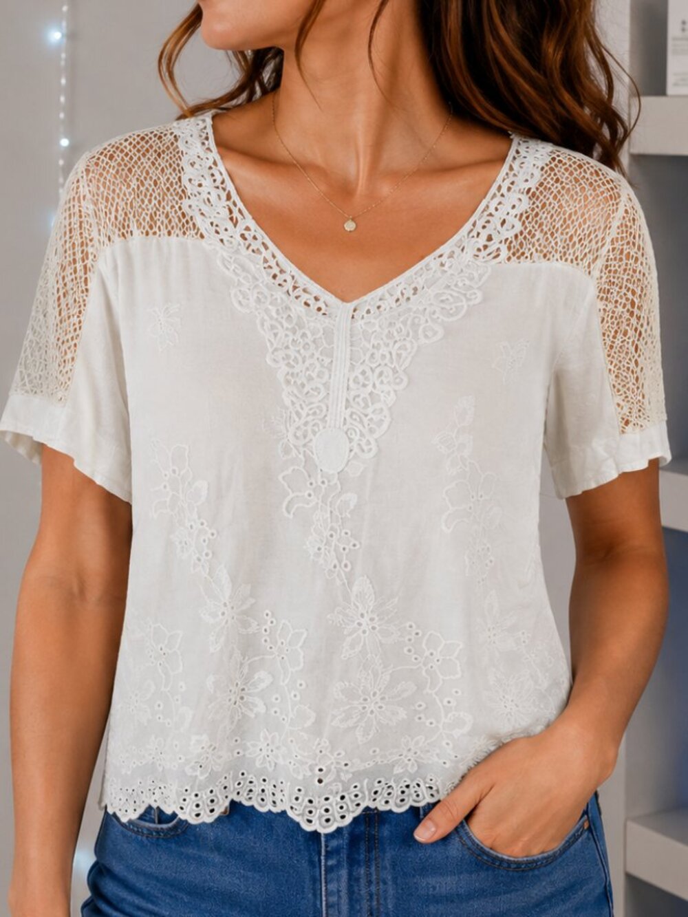 White Embroidered Lace Crochet Blouse Top Boho Feminine S/M